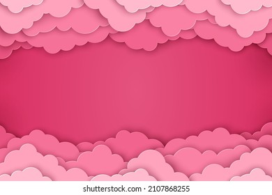 Feliz Día de San Valentín en blanco fondo vacío, hermoso papel levantó las nubes sobre fondo rosa. Ilustración vectorial. Dibujo de papel. Plantilla de diseño de folletos de venta romántica, cabecera de borde