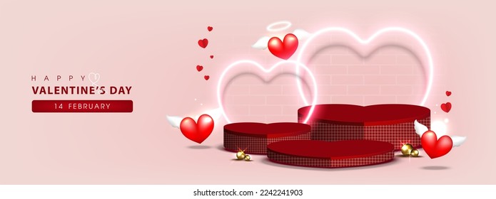 Happy Valentines Day with Blank podiums for show products decorated with Heart neon light and elements of Love. Valentine's Day background. Vector illustration.