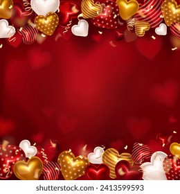 Happy Valentines Day blank square banner with 3d colorful hearts frame and realistic confetti ribbons. Greeting card with glossy hearts border, streamers and highlights in heart shape with copy space