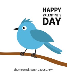 Happy Valentines Day. Blue bird on the tree branch. Happy Valentines Day. Love Greeting card. Cute cartoon kawaii funny baby character. Flat design. White background. Isolated. Vector illustration