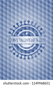 Happy Valentine's Day blue emblem with geometric pattern background.