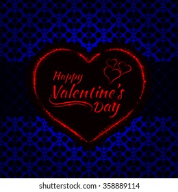 Happy Valentines day blue lights card, heart and text lights design on dark background