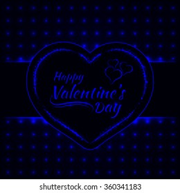 Happy Valentines day blue lights card, heart and text lights design on dark background