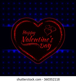 Happy Valentines day blue lights card, heart and text lights design on dark background