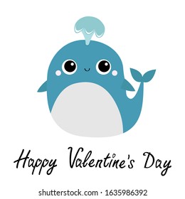 Happy Valentines Day. Blue whale with water fountain toy icon. Sea ocean life. Cute cartoon kawaii funny character. Smiling face. Kids baby animal collection. Flat design White background. Vector