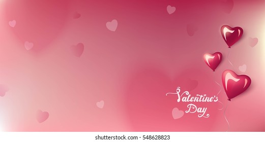 Happy valentine`s day blurred background and glossy heart-shaped balloons.  Handwritten Valentines Day calligraphy on blurred background.  Vector illustration