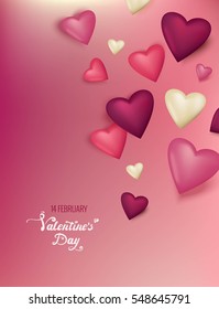 Happy valentine`s day blurred background and flying 3d hearts. Vector illustration
