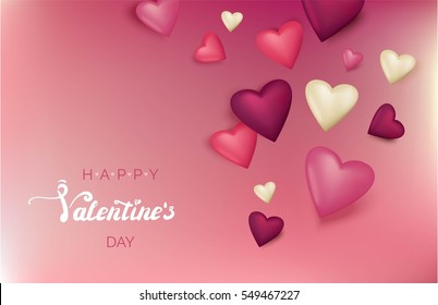 Happy valentine`s day blurred background and flying 3d hearts. Vector illustration