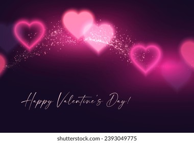 Happy Valentine's Day! Blurred hearts with neon light effect. Love, feelings and wedding background