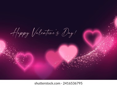 Happy Valentine's Day! Blurred hearts with neon light effect. Love, feelings and wedding background