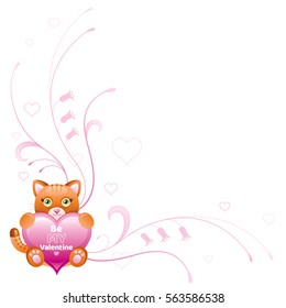 Happy Valentines day border. Be my valentine, text lettering. Toy cat isolated frame, white background. Heart romance, cute romantic dating vector illustration. Holiday corner design. Flat cartoon