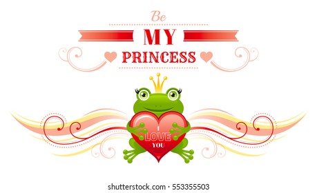 Happy Valentines day border, frog prince in crown, heart. Romance, love text lettering, isolated frame white background. Cute romantic Valentine banner vector illustration. Abstract flat cartoon sign