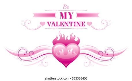 Happy Valentines day border, heart fire. Romance, love text lettering, isolated frame white background. Cute romantic Valentine banner vector illustration. Abstract holiday design. Flat cartoon sign