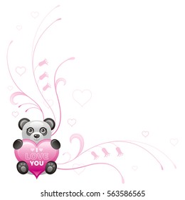 Happy Valentines day border. I love you, text lettering. Toy panda isolated frame, white background. Heart romance, cute romantic dating vector illustration. Holiday corner design. Flat cartoon sign