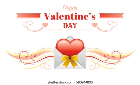 Happy Valentines day border, red post mail heart. Romance, love text lettering, isolated frame white background. Cute romantic Valentine banner vector illustration. Flat elegant sign design
