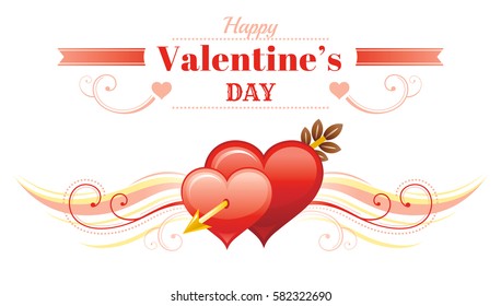 Happy Valentines day border, red cupid arrow heart. Romance, love text lettering, isolated frame white background. Cute romantic Valentine banner vector illustration. Flat elegant sign design