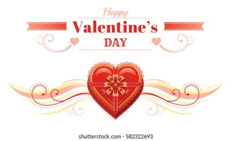 Happy Valentines day border, red chocolate box heart. Romance, love text lettering, isolated frame white background. Cute romantic Valentine banner vector illustration. Flat elegant sign design
