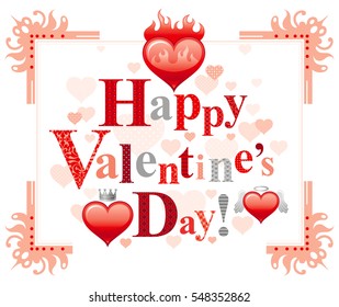 Happy Valentines day border, romance love text letters, isolated frame white background. Cute romantic dating vector illustration. Red heart, fire, wing. Abstract holiday design. Flat cartoon sign.