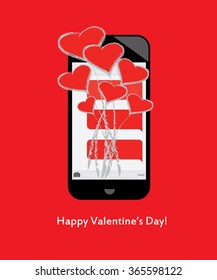 Happy Valentine's Day! Bouquet of hearts and love is emerging from cell phone text messages. Red background.