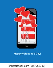 Happy Valentine's Day! Bouquet of hearts and love is emerging from cell phone text messages. Blue background and regular text.