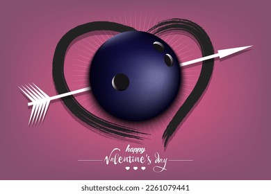 Happy Valentines Day. Bowling ball, arrow and heart. Design pattern on the bowling theme for greeting card, logo, emblem, banner, poster, flyer, badges. Vector illustration