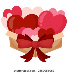 Happy Valentines day box with pink and red hearts. Vector illustration, cartoon style. Great for greeting cards, stickers, clipart