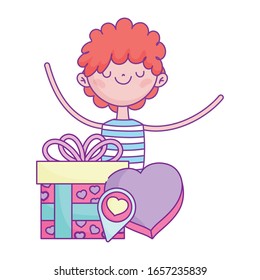 happy valentines day, boy with gift and box shaped heart romantic love vector illustration
