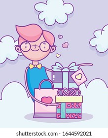 happy valentines day, boy with gifts and shopping bag celebration romantic vector illustration