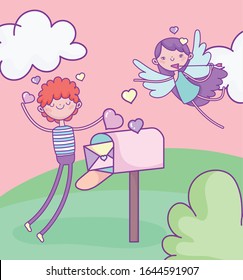 happy valentines day, boy with mailbox card and cupid with arrow love vector illustration