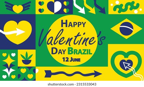 Feliz Día de San Valentín Brasil diseño de pancartas vectoriales con formas geométricas retro, bandera y colores de Brasil, tipografía con título y fecha. Día de San Valentín en Brasil, moderna ilustración de afiches mínimos.