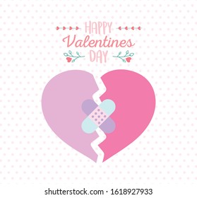 happy valentines day, broken heart sad with bandage celebration vector illustration