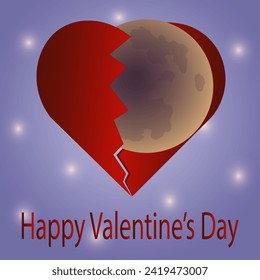 Happy Valentine's Day. Broken heart. Heart broken by the moon. Symbol of love. Vector graphics.