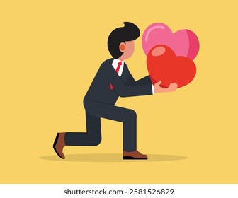 Happy Valentine's Day. Businessman kneeling giving heart 