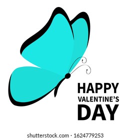 Happy Valentines Day. Butterfly icon. Cute cartoon kawaii funny baby character. Colorful blue wings. Morpho didius. Flying insect silhouette. Love card. Flat design. White background. Isolated Vector