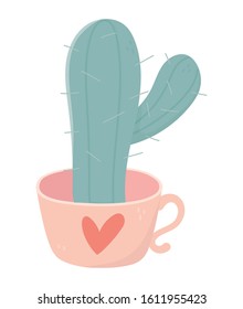 happy valentines day cactus in coffee cup love vector illustration