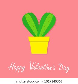 Happy Valentines Day. Cactus heart icon in flower pot. Desert prikly thorny spiny plant. Minimal flat design. Bright green houseplant. Pastel pink color background Isolated. Love greeting card. Vector