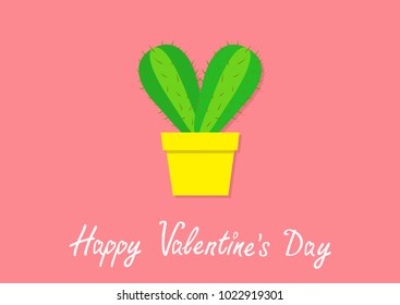 Happy Valentines Day. Cactus heart icon in flower pot. Desert prikly thorny spiny plant. Minimal flat design. Bright green houseplant. Pink pastel color background. Isolated. Love greeting card Vector