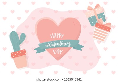 happy valentines day cactus in pot gifts hearts love background vector illustration