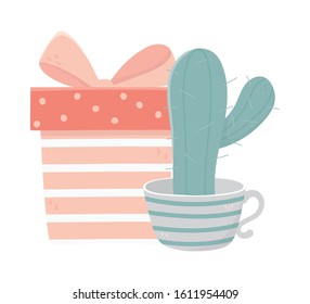 happy valentines day cactus in striped coffee cup and gift box vector illustration