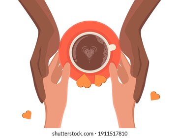 Happy Valentine's day in cafe. People hands in love with cup of coffee. Heart biscuits. Vector colorful illustration isolated on white background.
