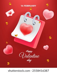 Happy valentine's Day, calendar with heart theme with a red background, confetti. romantic promotions and festive greetings day banner template vector illustration