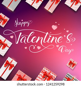 Happy Valentines day. Calligraphic handwritten lettering. Top view on gift boxes wrapped in paper with patterns. Packages with satin red bows. Vector concept of banner for St. Valentine holidays