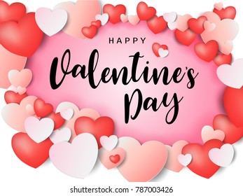 Happy Valentine's day calligraphic Inscription decorated with red heart and pink background. vector illustration. brochure, flyer, wallpaper, invitation card, poster, banner.