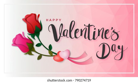 Happy Valentine's day calligraphic Inscription decorated with red roses and pink ribbon background. lovely heart vector illustration. brochure, flyer, wallpaper, invitation card, poster, banner.