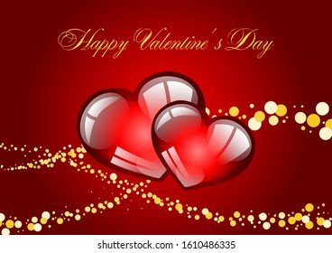 Happy Valentines Day calligraphic lettering on red background with two hearts vector template.
