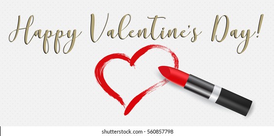 Happy Valentine's Day calligraphic phrase, red lipstick and heart, vector illustration. Woman's cosmetic and romantic concept.