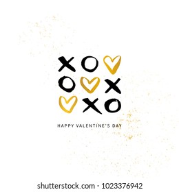 Happy Valentine's Day! Valentines day calligraphy gift card.Tic-tac-toe with gold hearts. Hand drawn design elements. Handwritten modern brush lettering. Vector illustration.