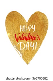 Happy Valentine's Day! Calligraphy, golden heart with an inscription inside. Red and white words