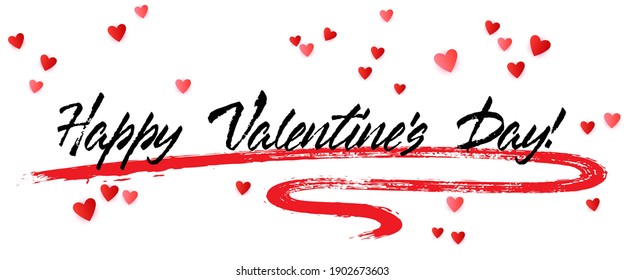 Happy Valentine's Day calligraphy holiday banner festive design with heart love symbols. Handwritten black lettering beautiful font. Happy Valentine's Day greeting card template with calligraphic text