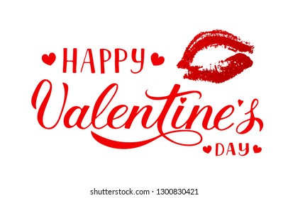 Happy Valentines Day calligraphy lettering with red lipstick kiss isolated on white. Imprint of the lips. Vector template for Valentine’s day greeting card, party invitation, flyer, banner etc.